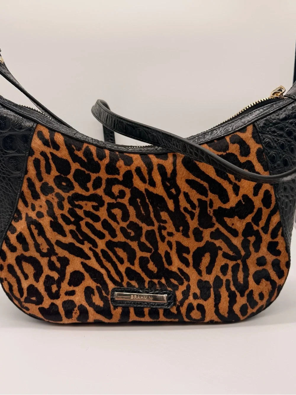 BRAHMIN Corinne crossbody, black damson, genuine leather leopard